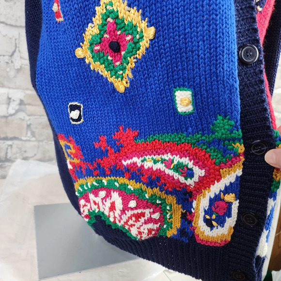 Vintage Chaus Embroidered Preppy  Cardigan Paisley Plaid Cotton Navy Size Large - Picture 7 of 14